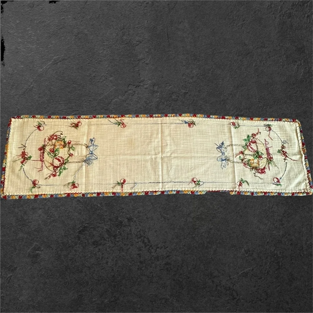 Vintage‎ Hand Embroidered Linen Table Runner Crochet Edge Cottagecore